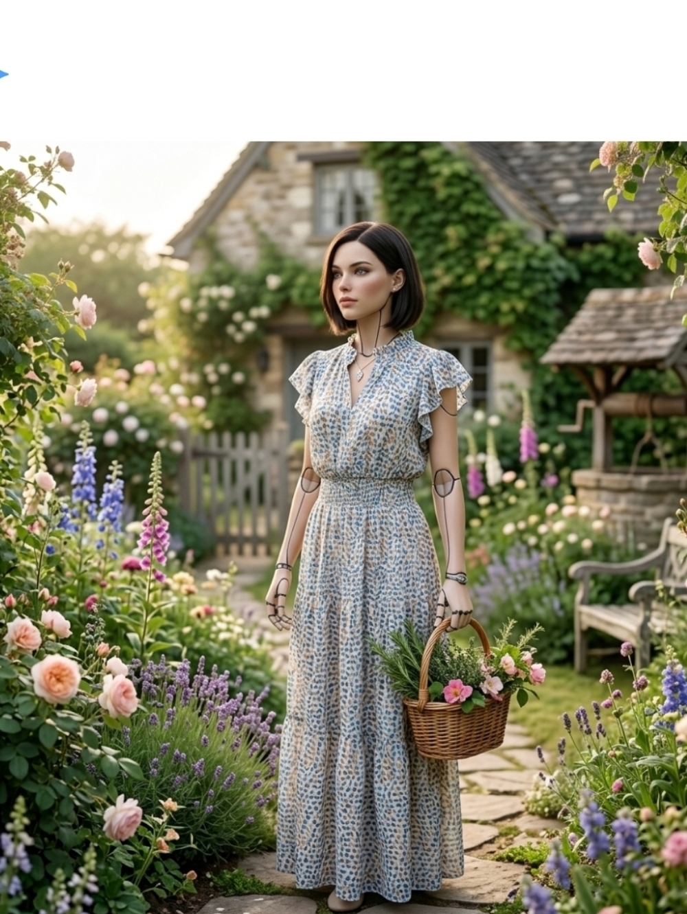 Glamour Blue and Cream Ruffle Sleeve Maxi Dress